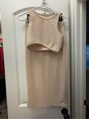 SHEIN Neutral Ribbed Crop Tank & Midi Skirt Set - Cream